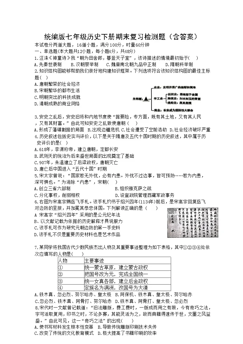 统编版七年级历史下册期末复习检测题（含答案）1第1页