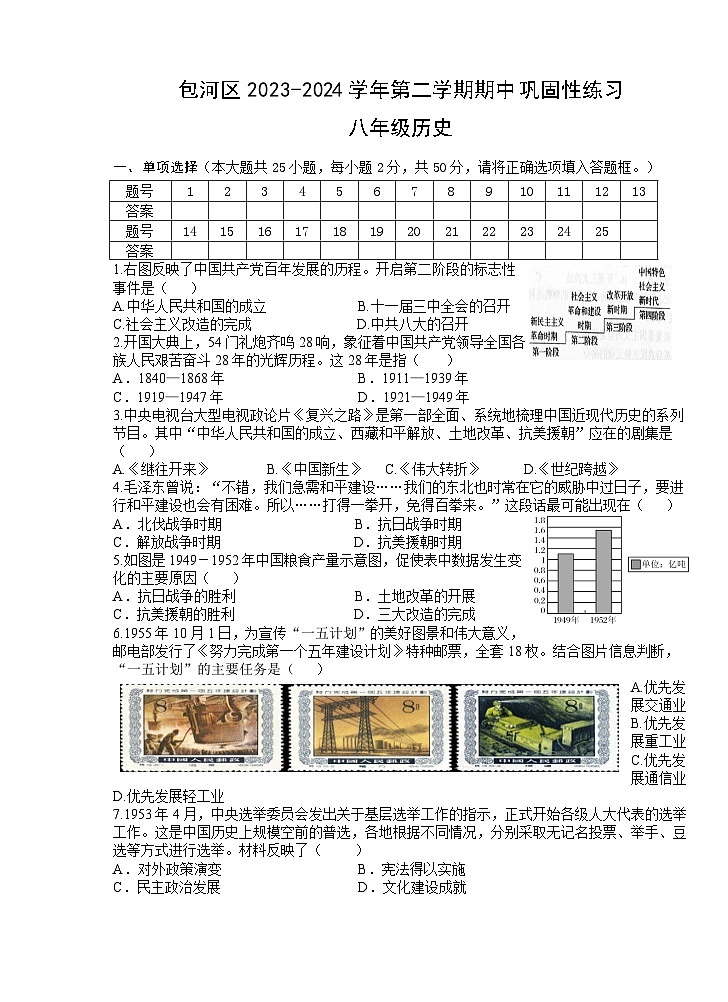 【8历期中】安徽省合肥市智育联盟2023-2024学年八年级下学期4月期中历史试题第1页
