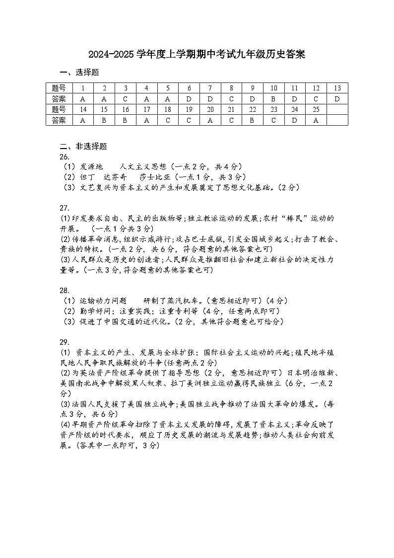 河北省唐山市遵化市2024-2025学年九年级上学期期中考试历史试卷答案第1页