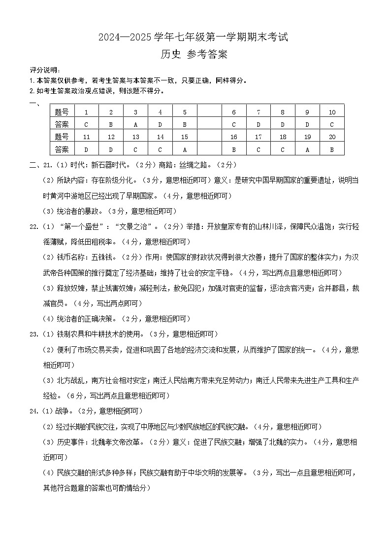 七年级历史1答案(1)第1页