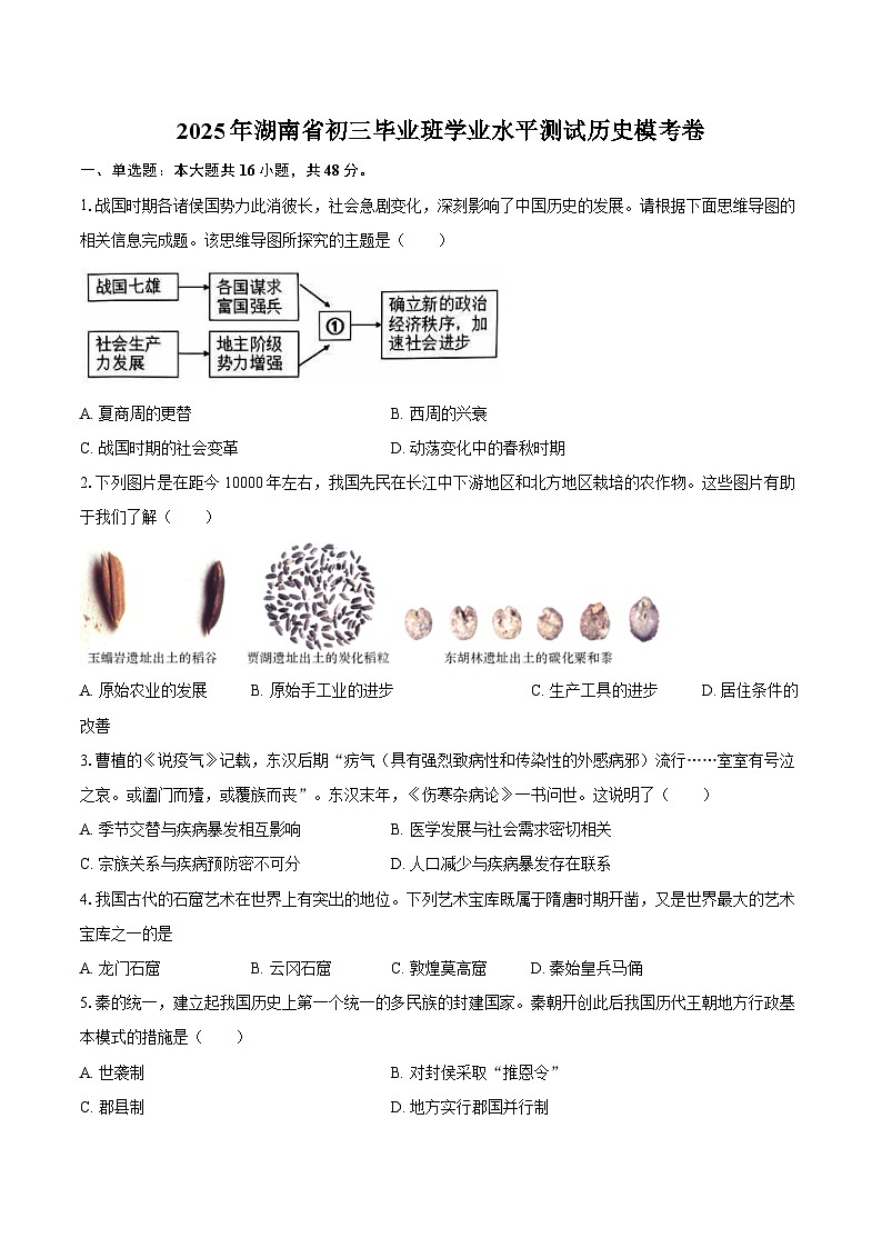 2025年湖南省初三毕业班学业水平测试历史模考卷（含答案）第1页