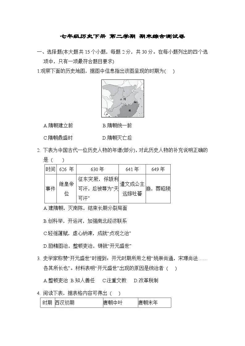 七年级历史下册 第二学期 期末综合测试卷（人教河北版 2025年春）（二)第1页
