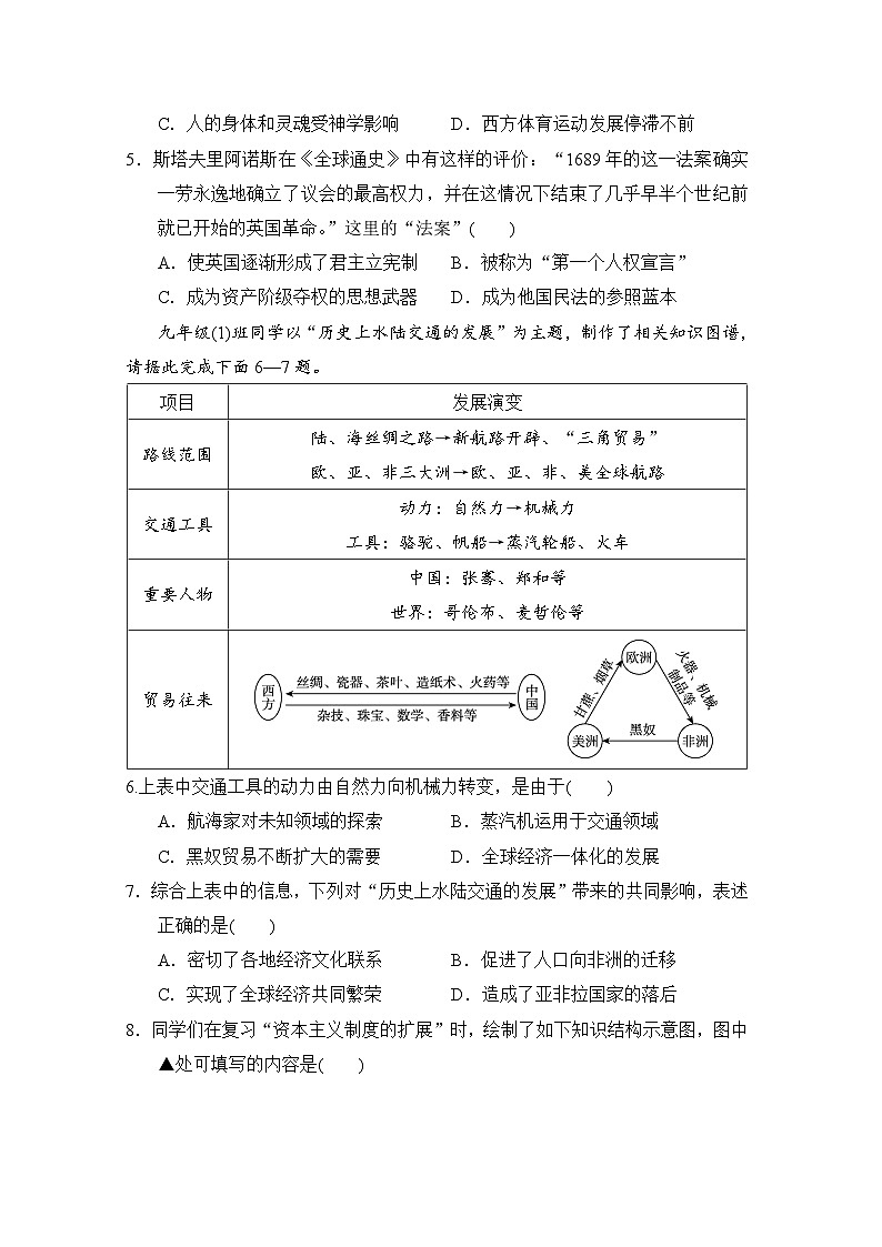 九年级历史下册 第二学期 期末综合测试卷（人教山西版 2025年春）第2页