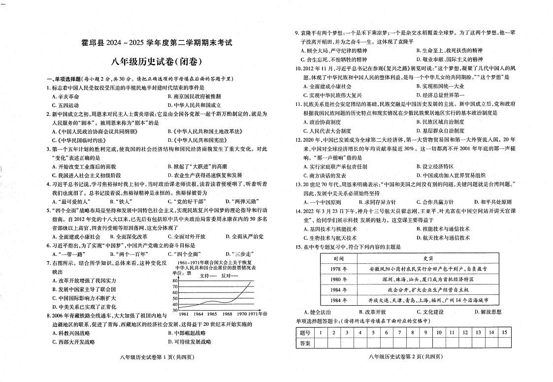 【8历期末】安徽省六安市霍邱县2024-2025学年八年级下学期6月期末历史试卷第1页