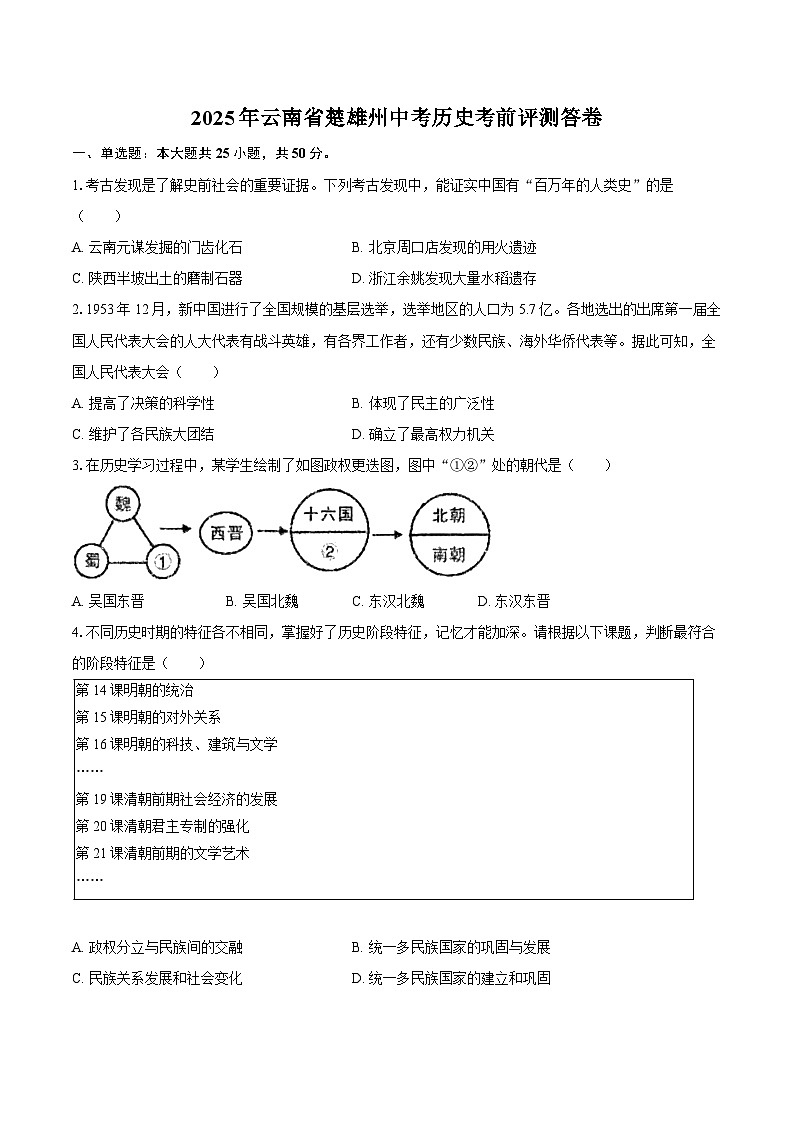 2025年云南省楚雄州中考历史考前评测试卷（含答案）第1页