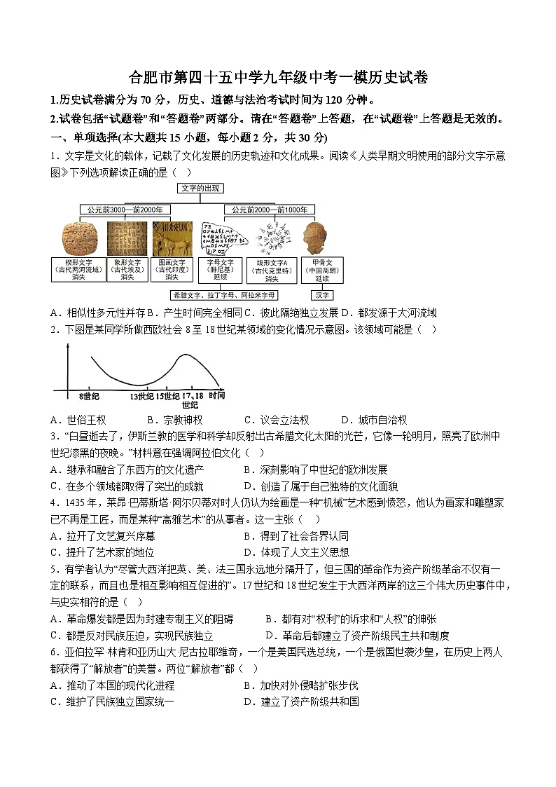 【9历一模】2025年安徽合肥市第四十五中学九年级中考一模历史试卷(含答案)第1页