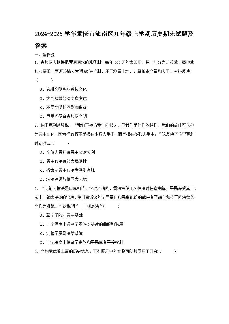 2024-2025学年重庆市潼南区九年级上学期历史期末试题及答案第1页