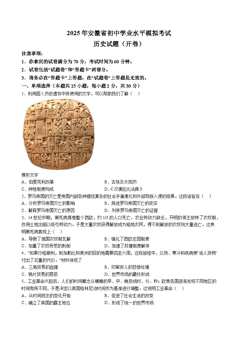 安徽省芜湖市第二十七中学2024-2025学年九年级下学期学业水平模拟考试历史试题（含解析）第1页