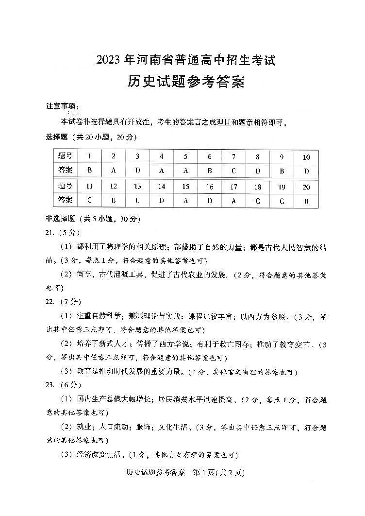 2023年河南省普通高中招生考试 历史试题参考答案第1页