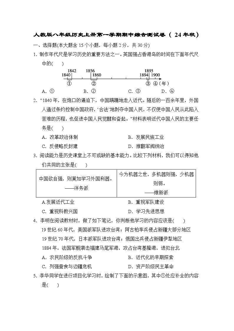 人教版八年级历史上册第一学期期中综合测试卷（ 24年秋）第1页