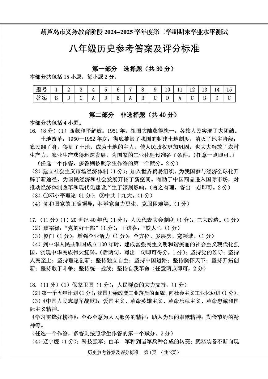 八年级历史参考答案及评分标准第1页