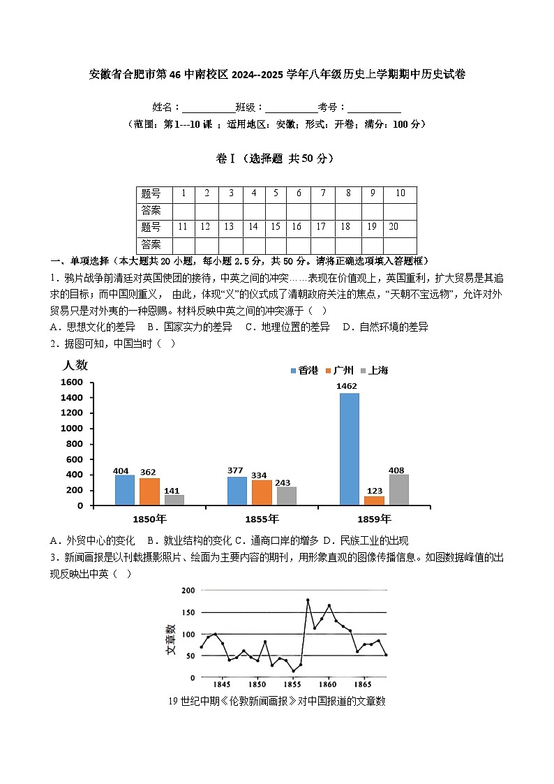 【8历期中】安徽省合肥市第46中南校区2024--2025学年八年级历史上学期期中历史试卷第1页
