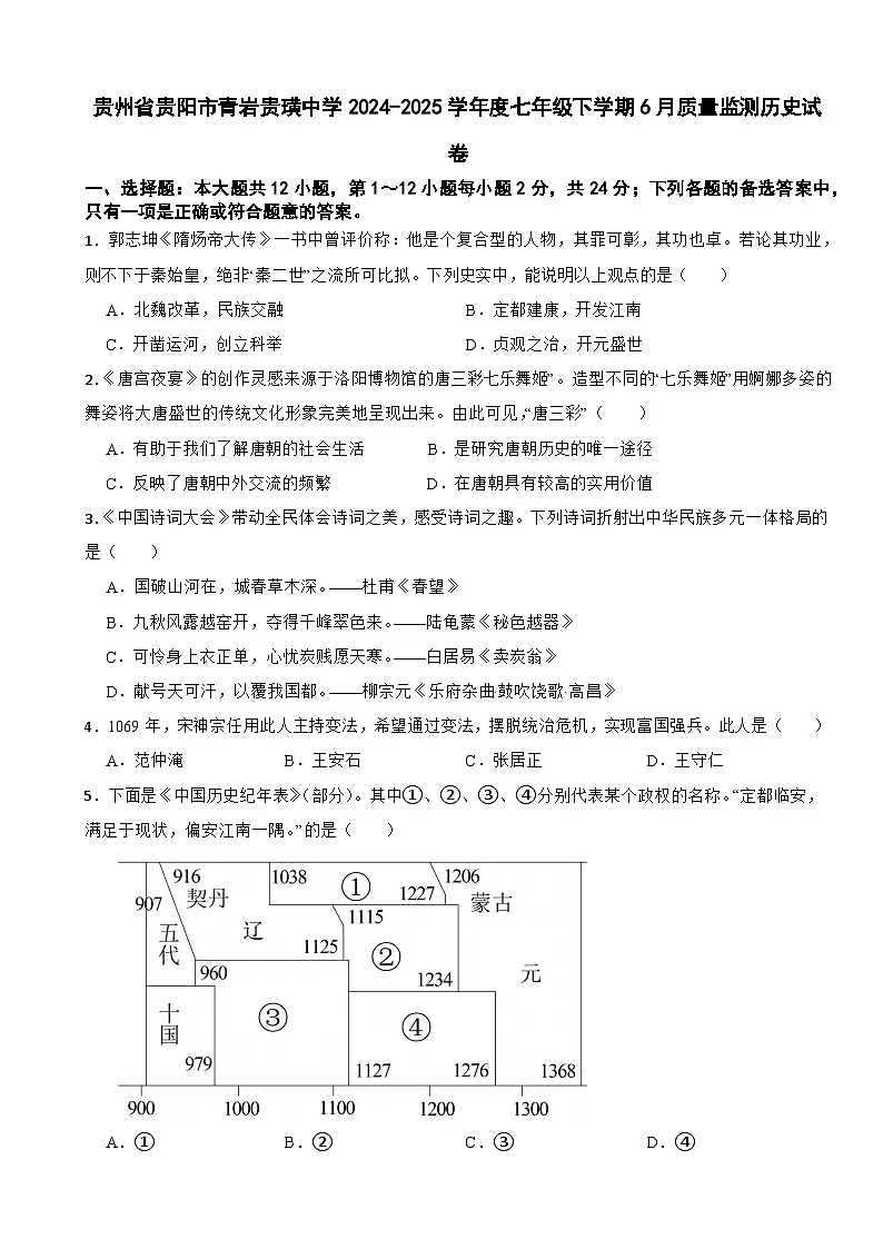 贵州省贵阳市青岩贵璜中学2024-2025学年度七年级下学期6月质量监测历史试卷第1页