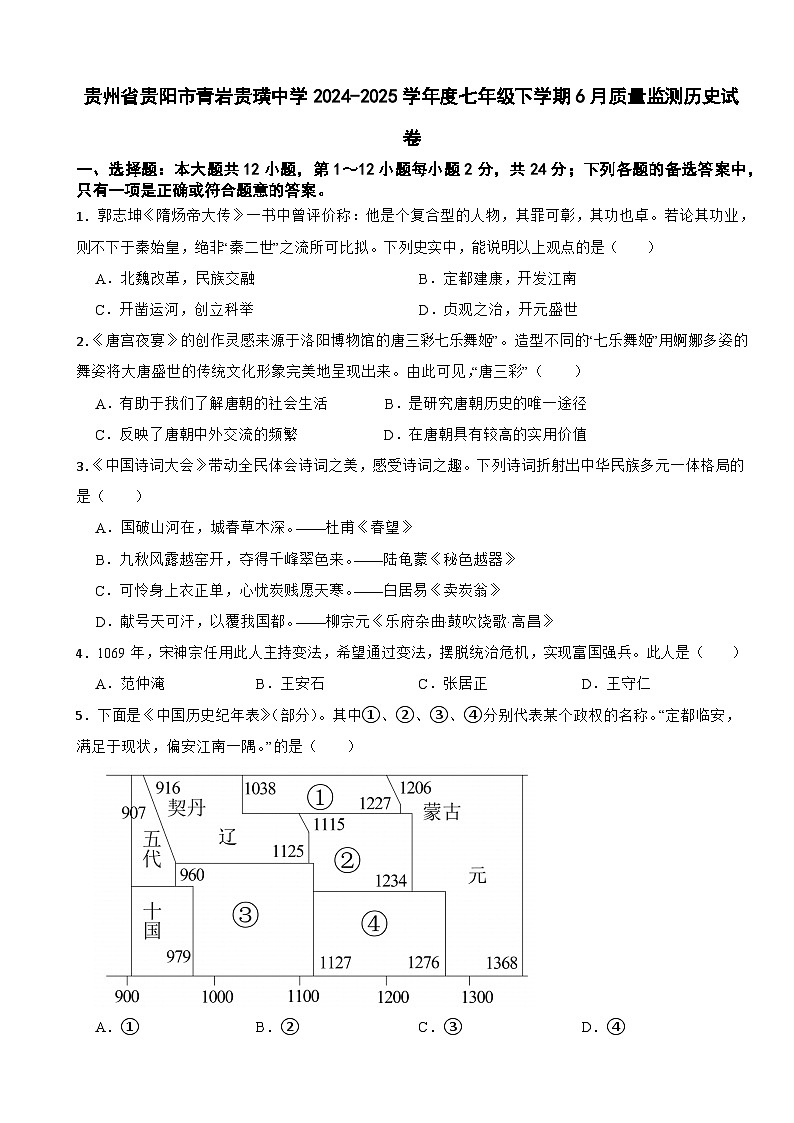 贵州省贵阳市青岩贵璜中学2024-2025学年度七年级下学期6月质量监测历史试卷第1页