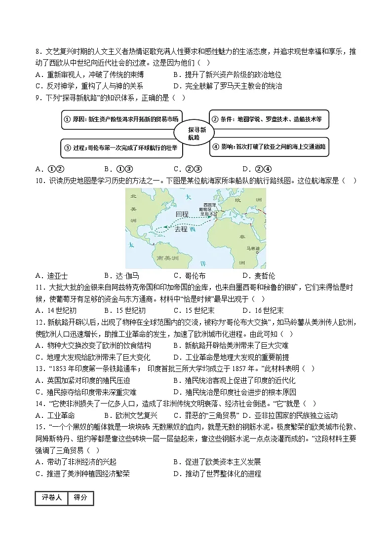 人教版九年级历史上册 第五单元 走向近代【单元测试卷】第2页