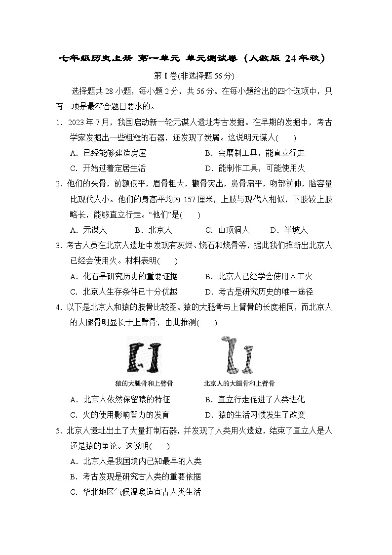 七年级历史上册 第一单元 单元测试卷（人教版 24年秋）第1页