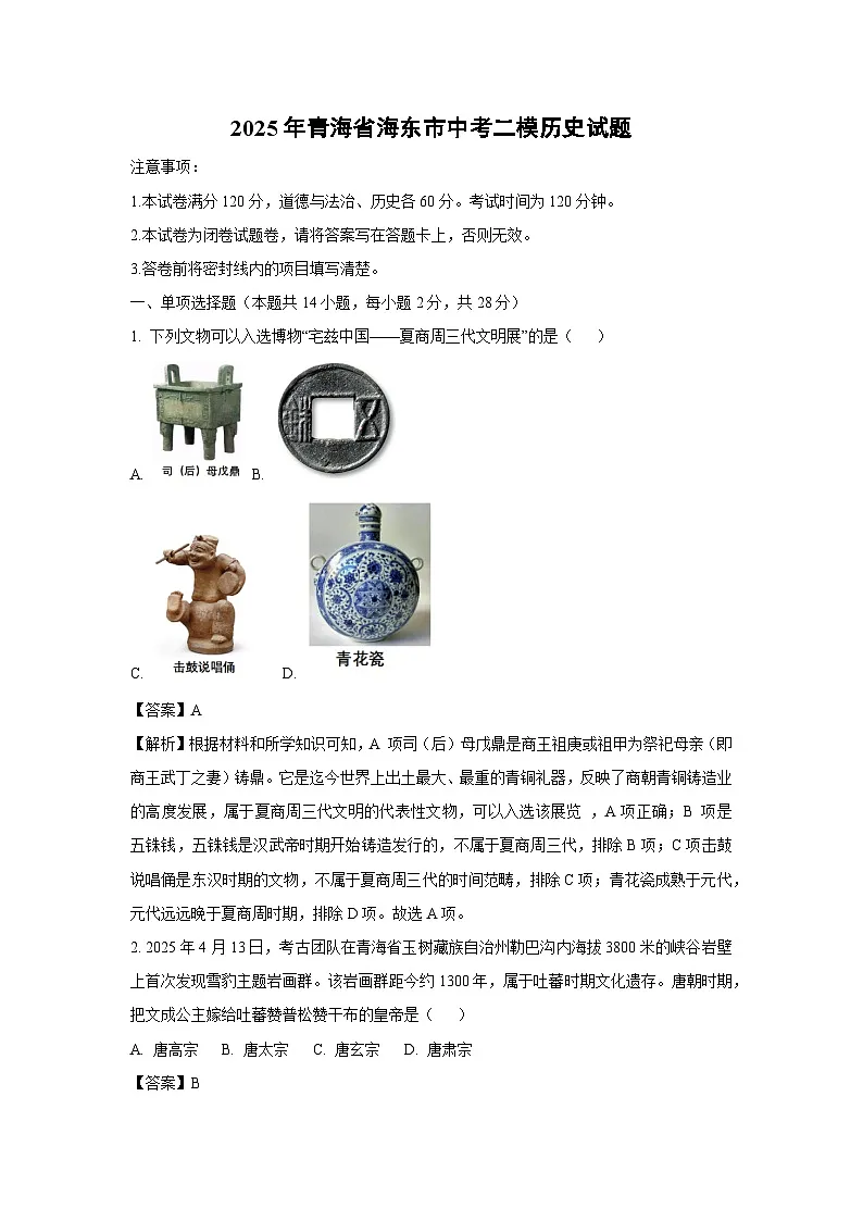 【历史】2025年青海省海东市中考二模试题（解析版）第1页