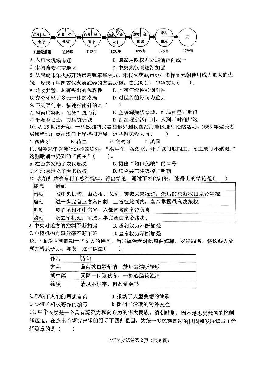 2025年哈尔滨市松北区七年级（下）期末历史试卷及答案第2页