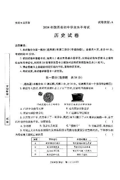 2024年陕西省中考历史试题（无答案）第1页