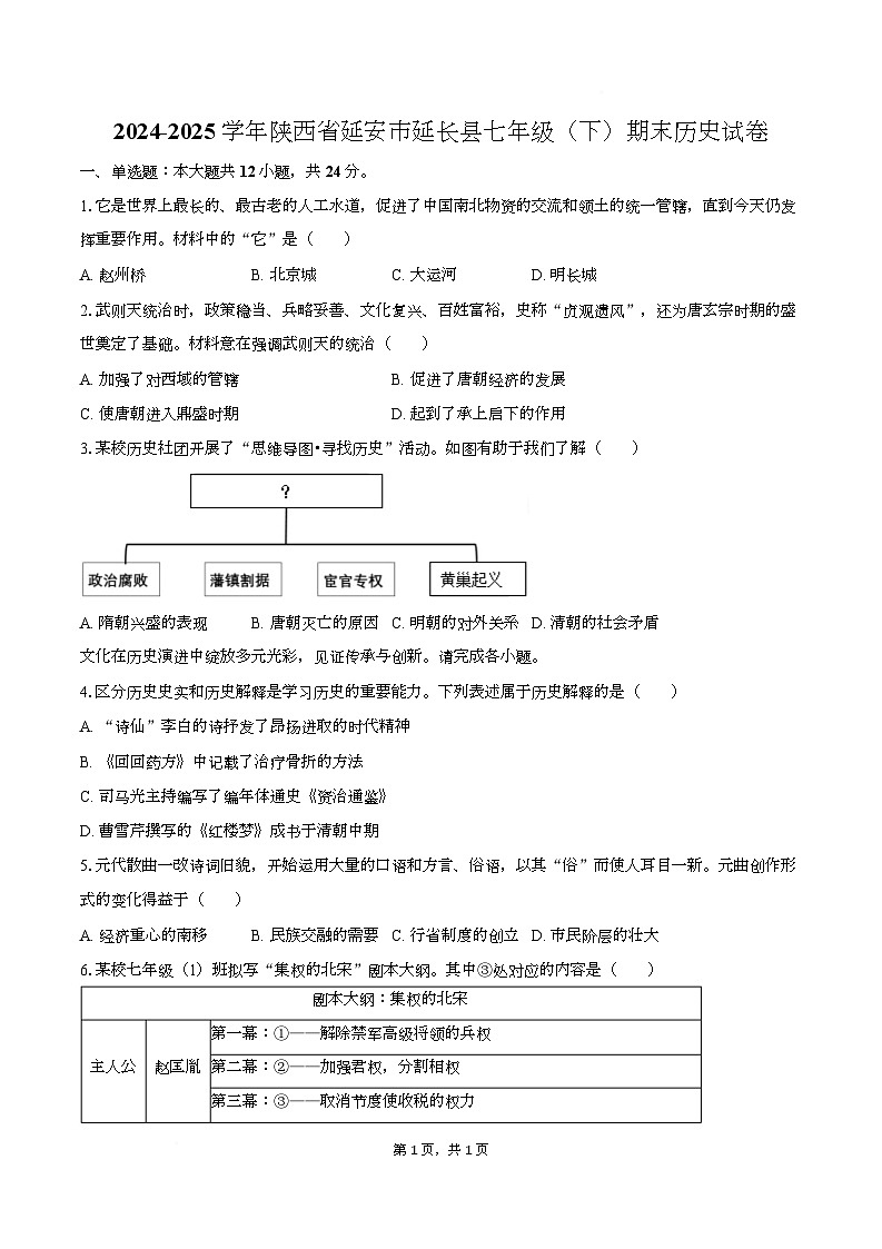 陕西省延安市延长县2024-2025学年七年级下学期期末历史试卷第1页