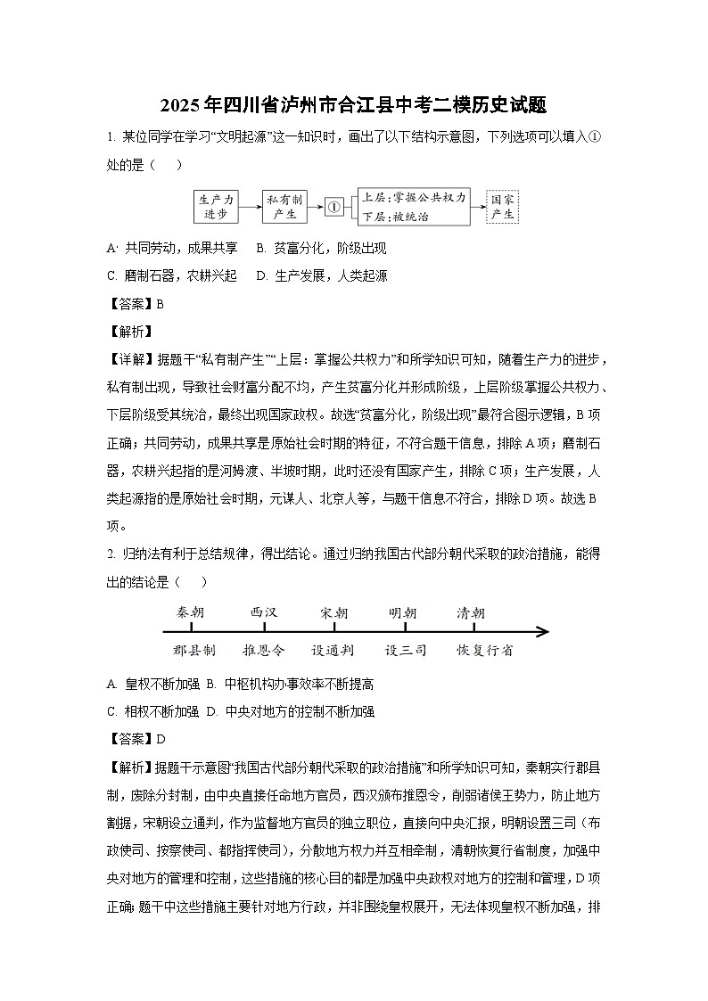 2025年四川省泸州市合江县中考二模历史试题（解析版）第1页