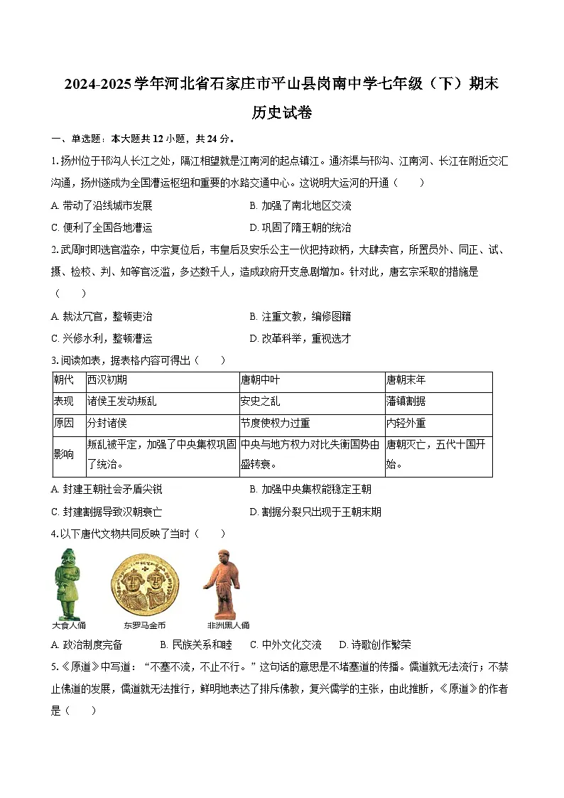 2024-2025学年河北省石家庄市平山县岗南中学七年级（下）期末历史试卷（含答案）第1页