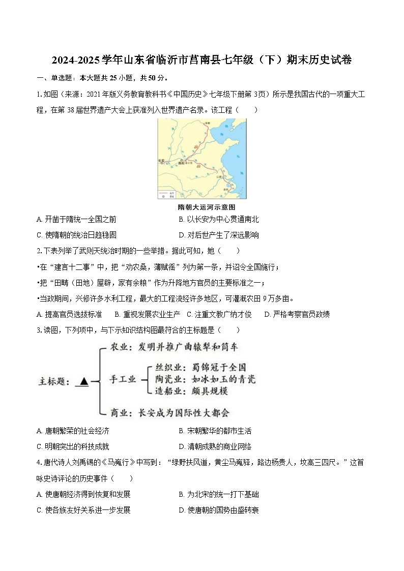 2024-2025学年山东省临沂市莒南县七年级（下）期末历史试卷（含答案）第1页