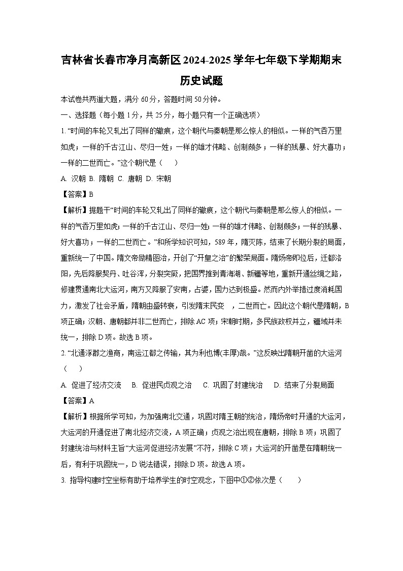 吉林省长春市净月高新区2024-2025学年七年级下学期期末试题历史试卷（解析版）第1页