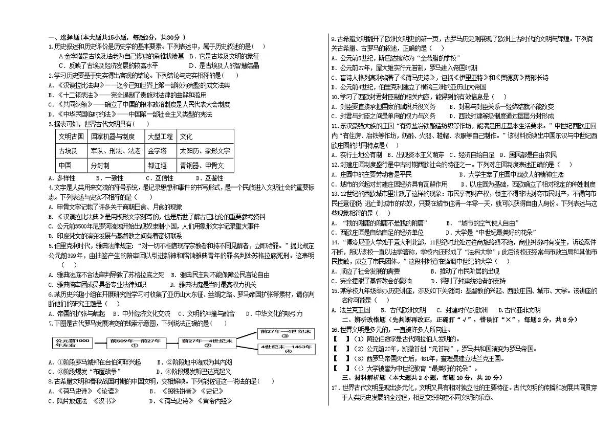 【9历第一次月考】安徽省合肥市第四十二中学湖畔分校2024-2025学年九年级上10月历史月考试卷第1页