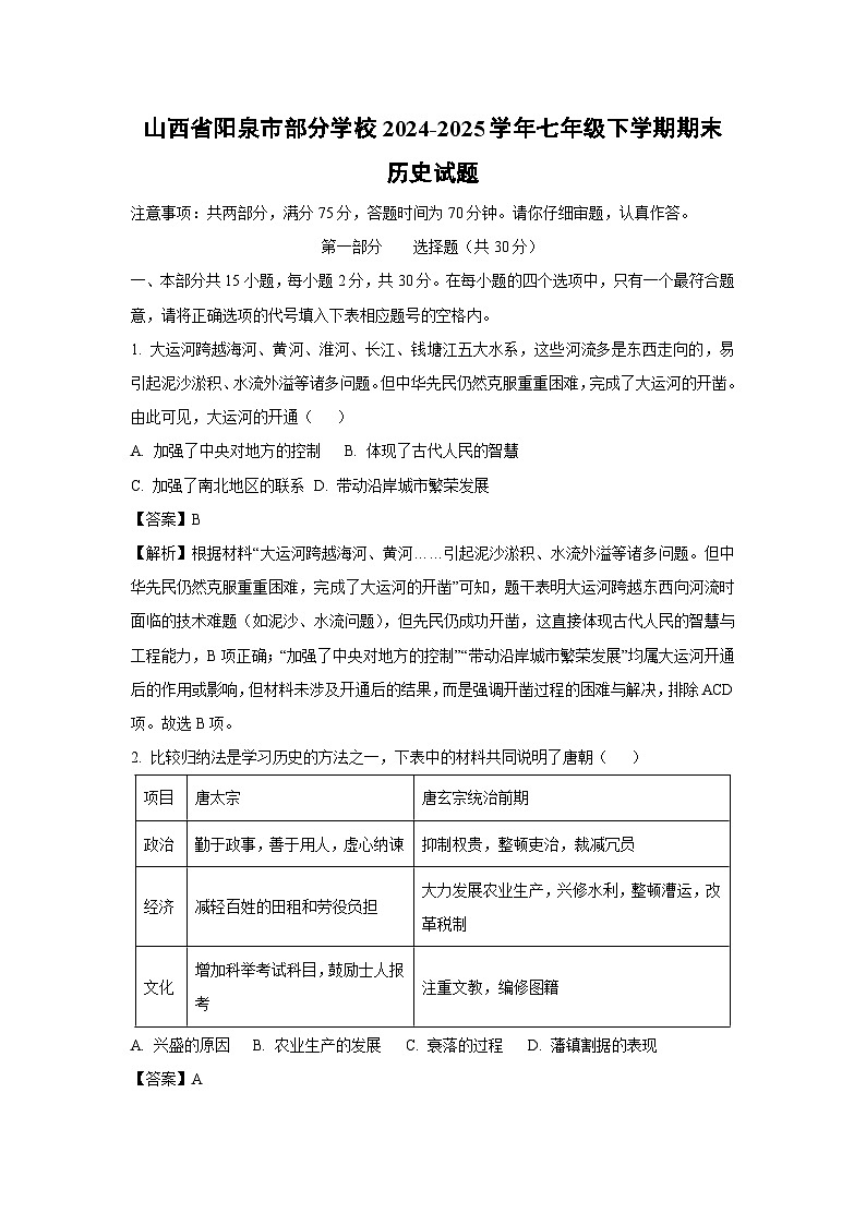 山西省阳泉市部分学校2024-2025学年七年级下学期期末试题历史试卷（解析版）第1页
