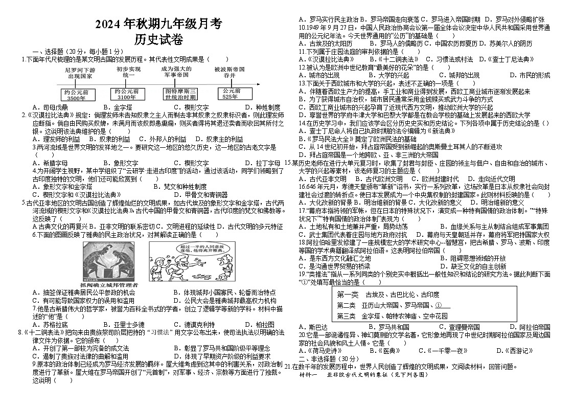 河南省南阳市镇平县侯集镇第二初级中学2024-2025学年九年级上学期9月月考历史试题第1页
