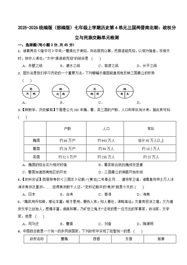 2025-2026统编版（部编版）七年级上学期历史第4单元三国两晋南北朝：政权分立与民族交融单元检测（有答案）第1页