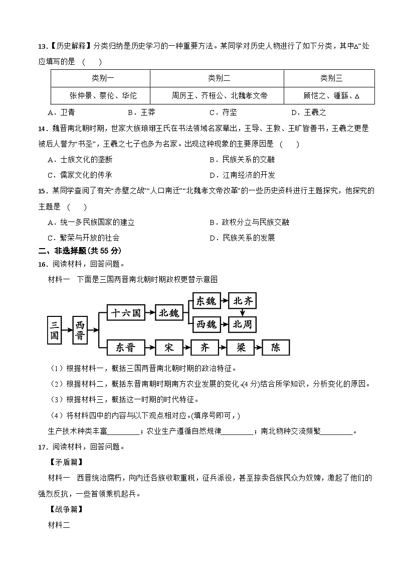 2025-2026统编版（部编版）七年级上学期历史第4单元三国两晋南北朝：政权分立与民族交融单元检测（有答案）第3页