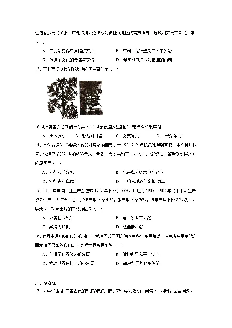 2025年湖南省初中学业水平考试模拟历史试卷（附答案解析）第3页