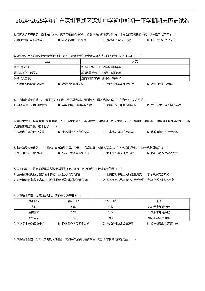 2024~2025学年广东深圳罗湖区深圳中学初中部初一下学期期末历史试卷（有答案解析）第1页