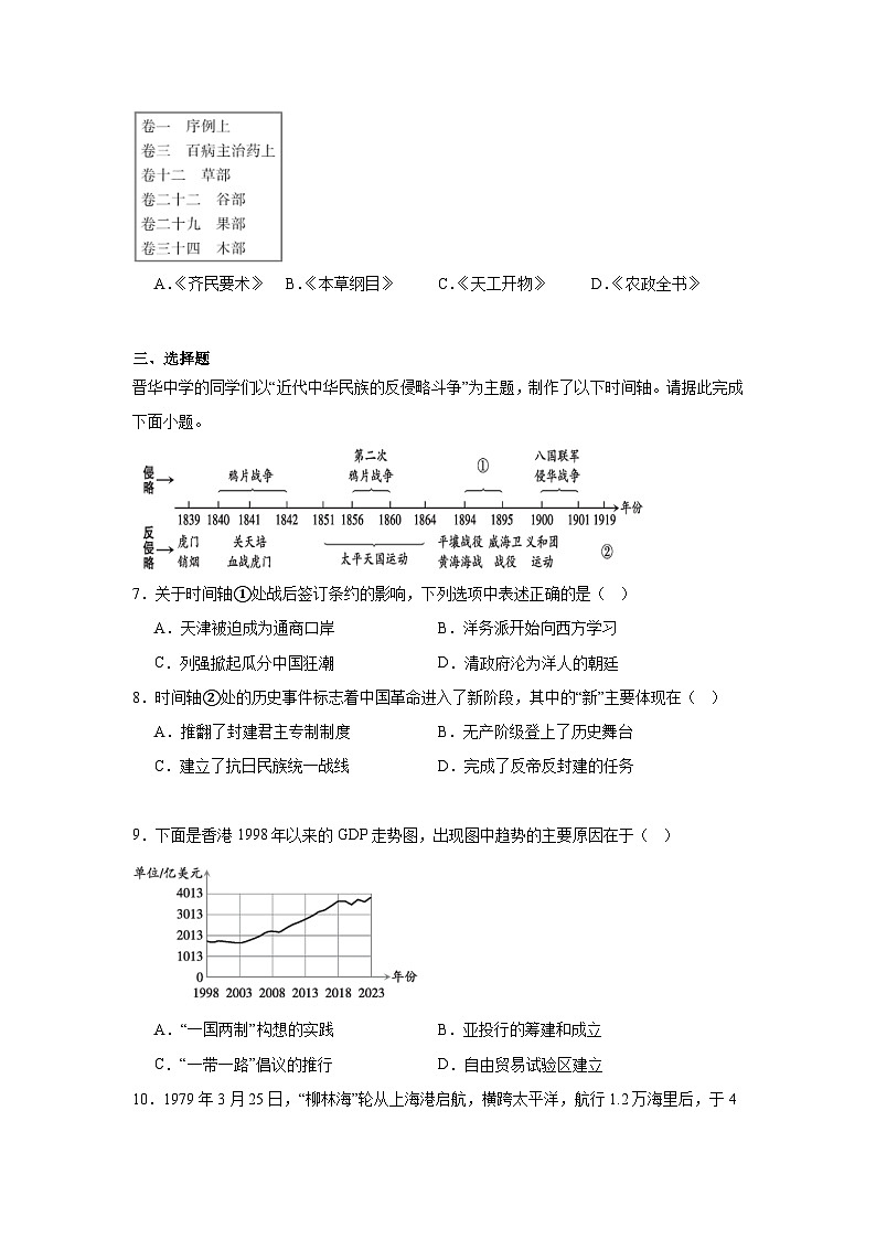 2025年山西省运城市中考模拟百校联考历史试题（无答案）第3页