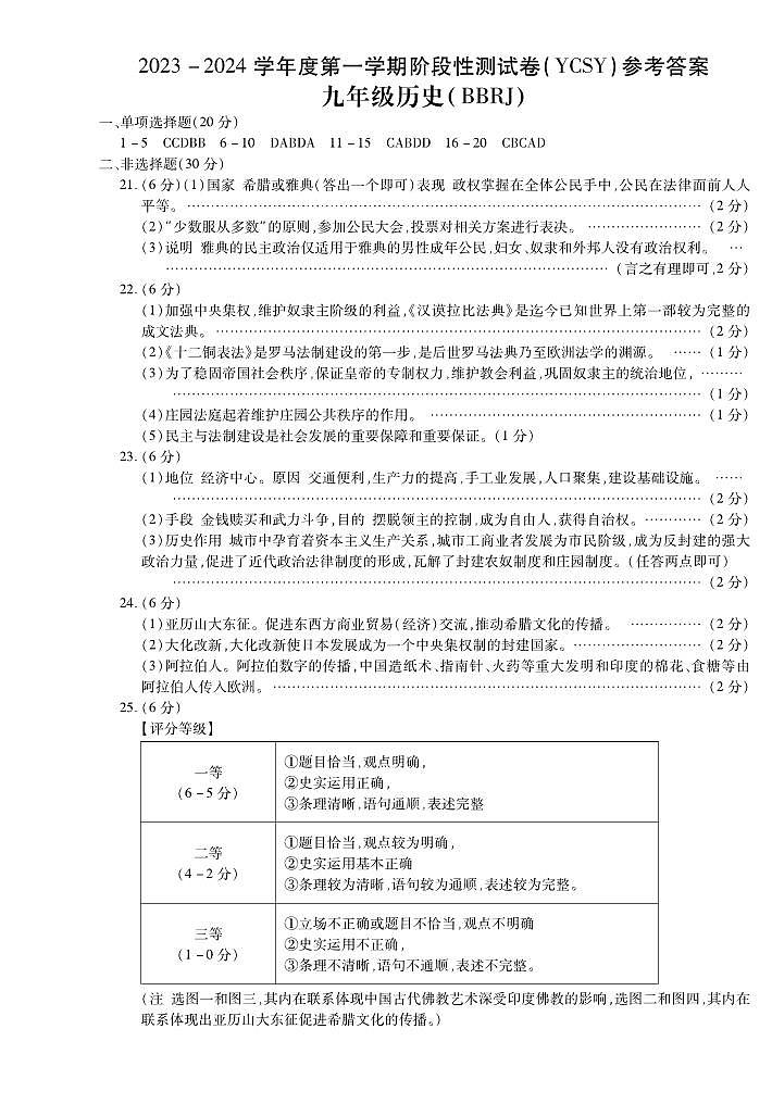 河南省永城市实验中学2023-2024学年 九年级上学期第一次月考历史答案第1页
