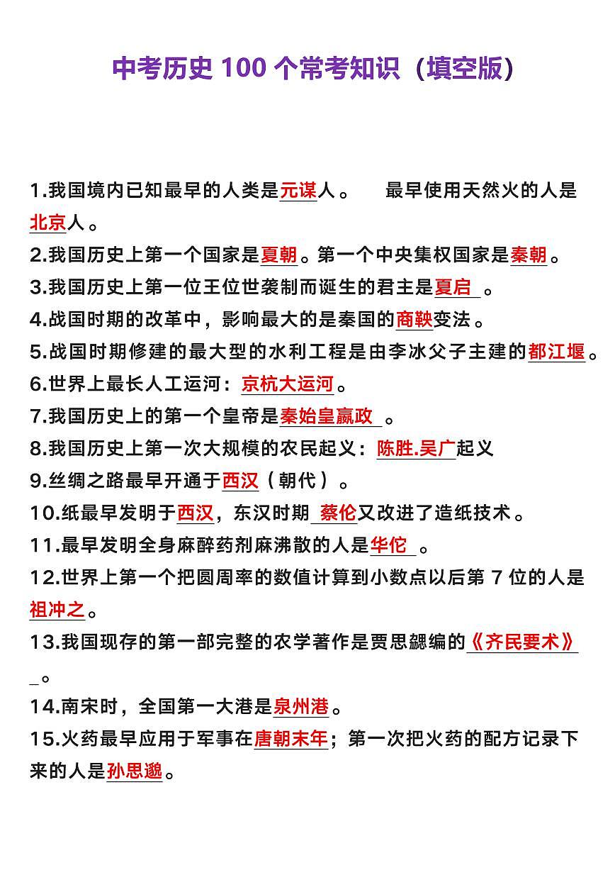 中考第一轮复习中考历史100个常考知识点（填空版）第1页