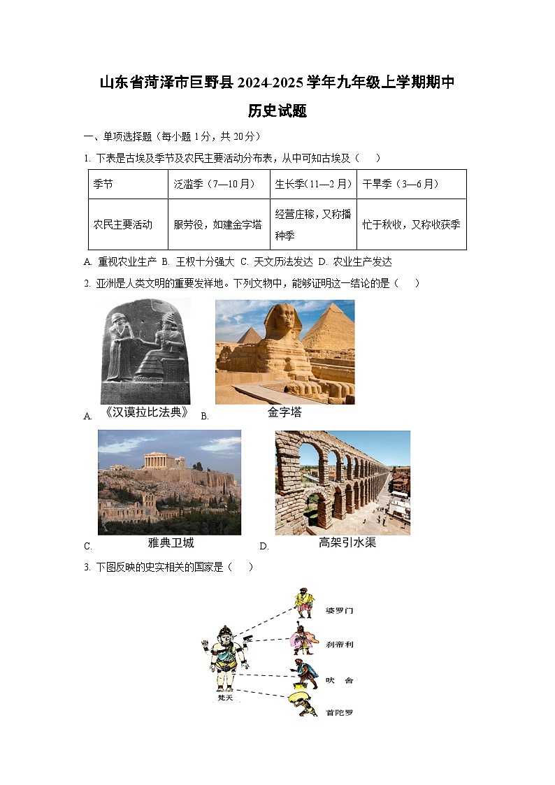 山东省菏泽市巨野县2024-2025学年九年级上学期期中历史试卷（学生版）第1页