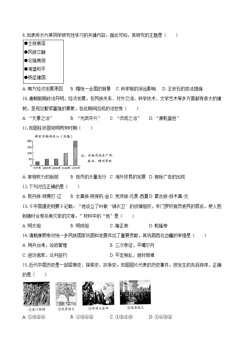 2025-2026学年天津市红桥区九年级（上）月考历史试卷（9月份）（含答案）第2页
