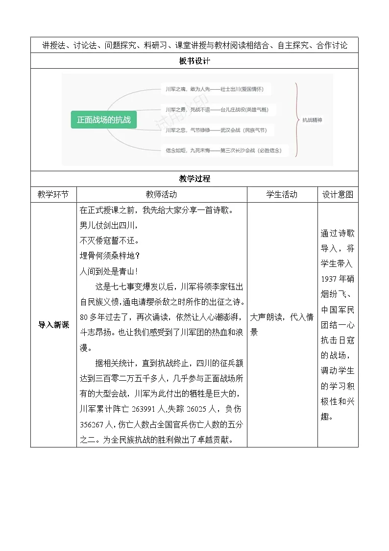 新人教版部编初中历史八上6-20《正面战场的抗战》教学设计第3页