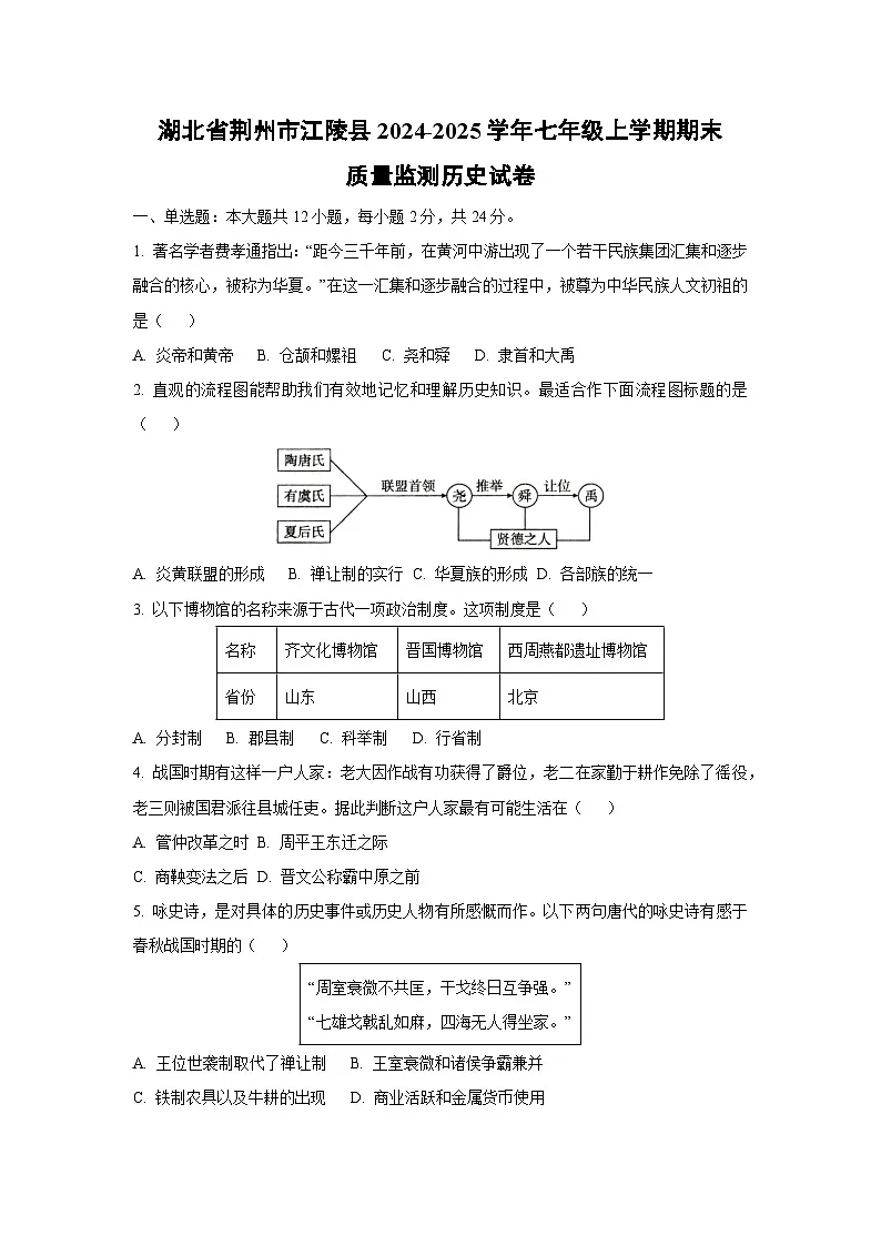 湖北省荆州市江陵县2024-2025学年七年级上学期期末质量监测历史试卷（学生版）第1页