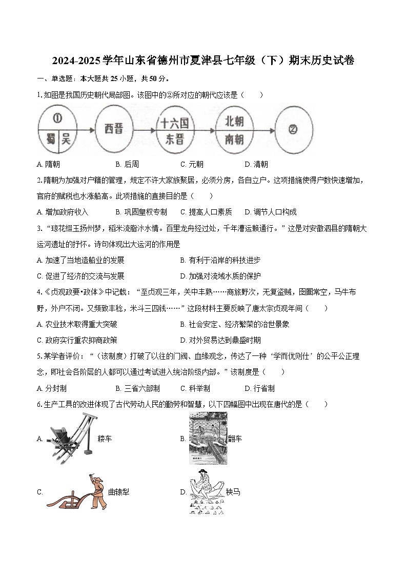 2024-2025学年山东省德州市夏津县七年级（下）期末历史试卷（含答案）第1页