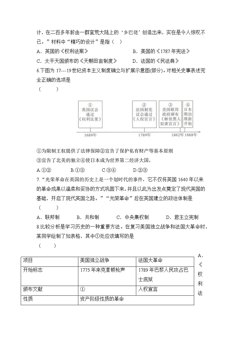 人教版部编初中历史九上第六单元《资本主义制度的初步确立》【单元测试卷】（原卷版无答案）第2页