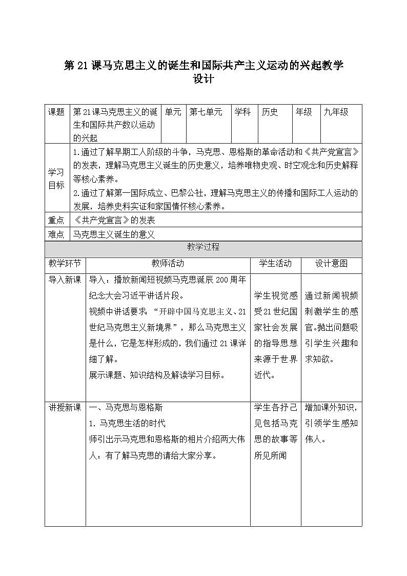 人教版部编初中历史九上7-21《马克思主义的诞生和国际共产主义运动的兴起》 教学设计第1页