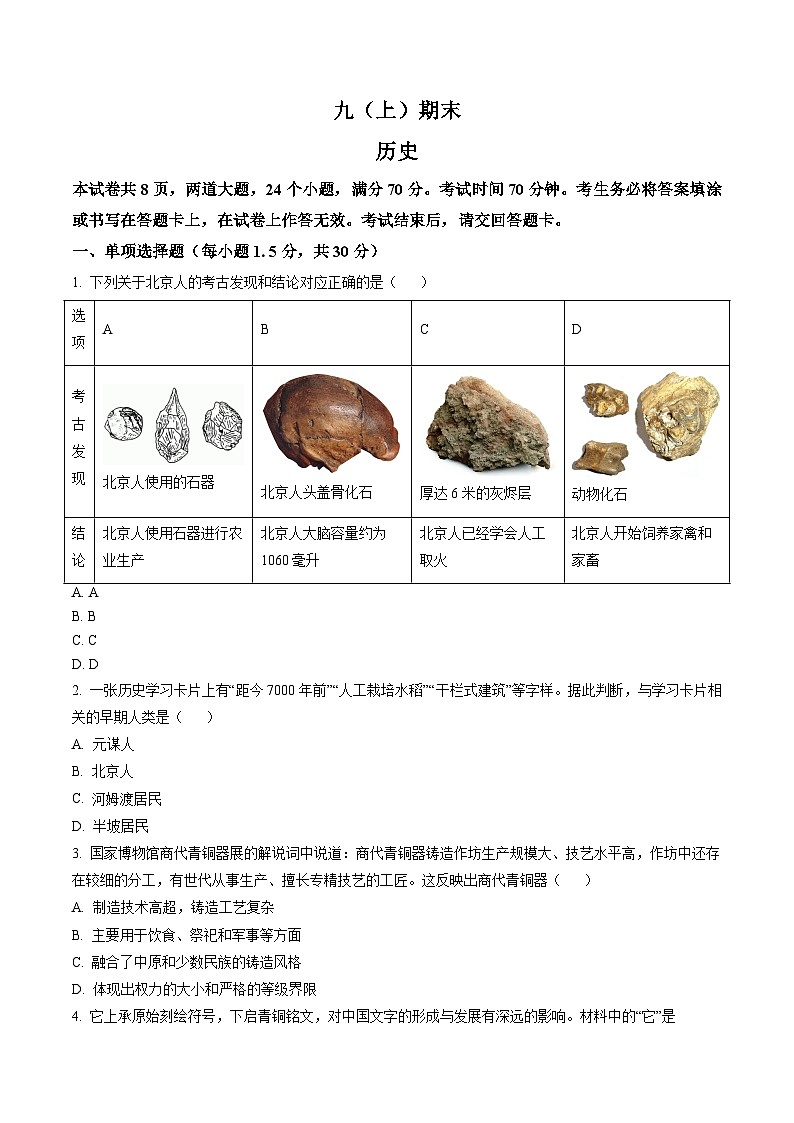 人教版部编初中历史九上期末试题（原卷版 无答案）第1页