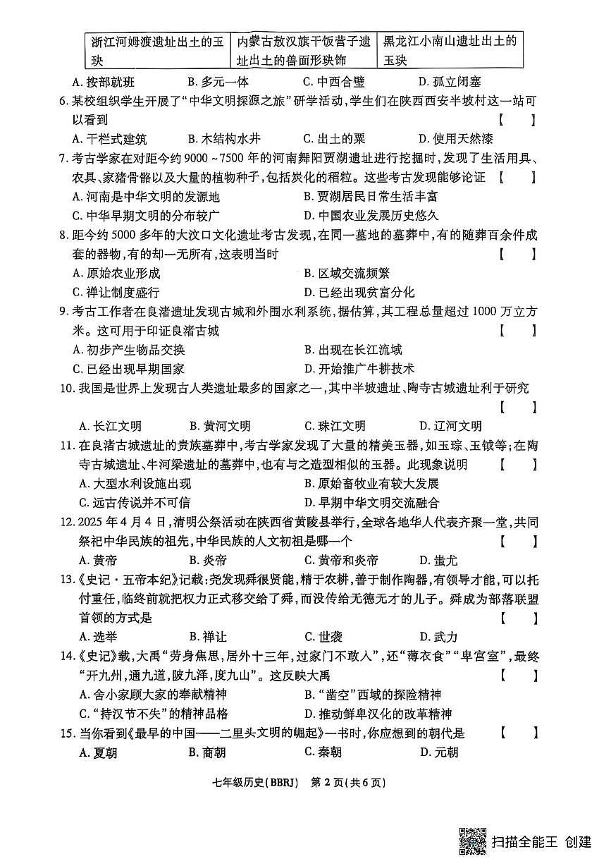 河南省漯河市召陵区青年镇初级中学2025-2026学年七年级上学期10月月考历史试题第2页