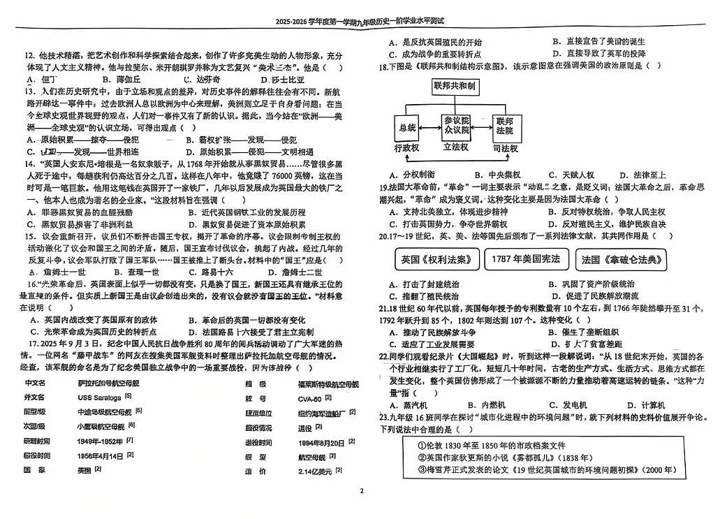 河北省石家庄外国语学校2025-2026学年九年级上学期第一次月考历史试题第2页