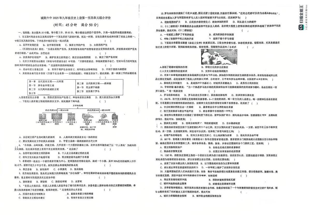 山东省青岛市城阳区第六中学2025-2026学年九年级上学期第一次月考历史试题第1页