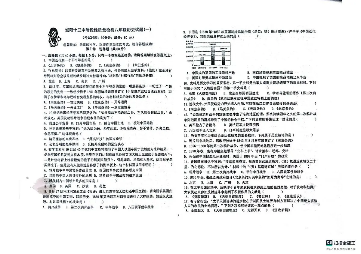 山东省青岛市城阳第十三中学2025-2026学年八年级上学期10月月考历史试题第1页